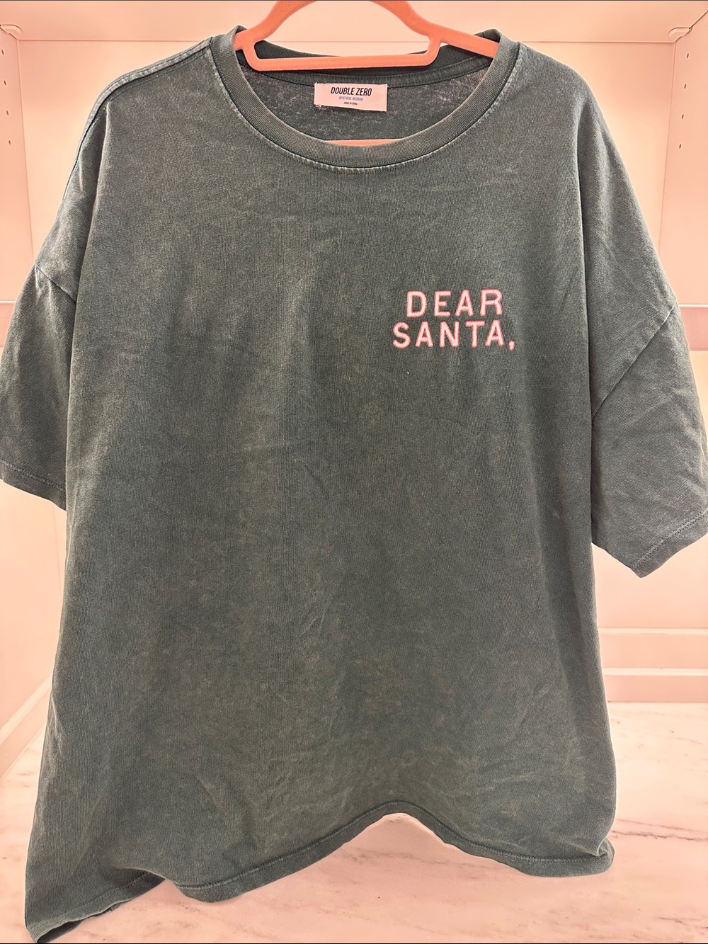 Double Zero medium Green Tee with Pink "Dear Santa" Chest Text. Great condition